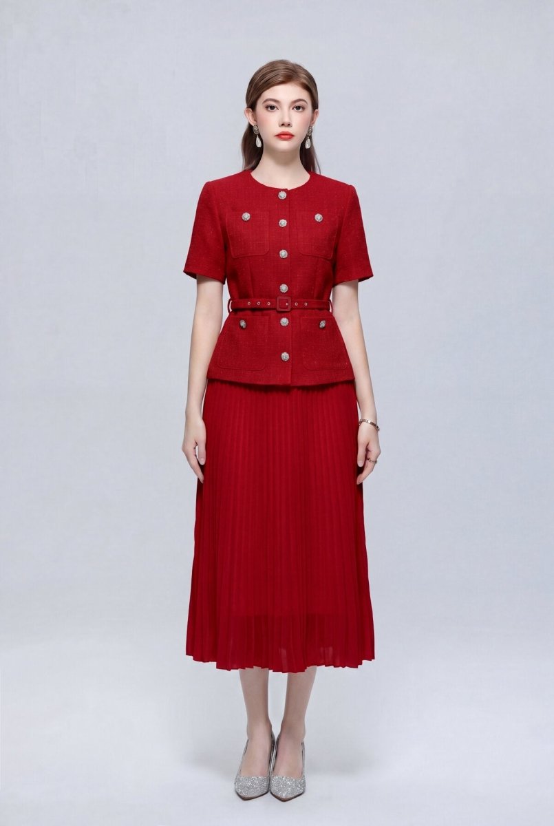 Tweed Round-Neck Peplum Midi Dress with Crystal Buttons and Pleated Skirt