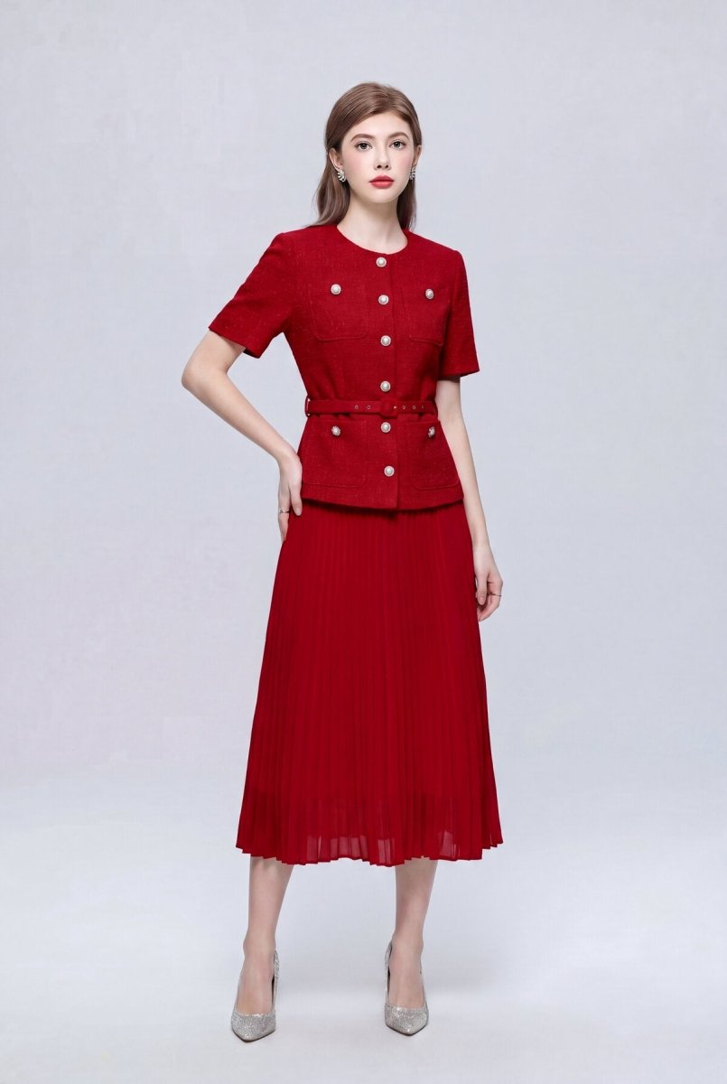 Tweed Round-Neck Peplum Midi Dress with Crystal Buttons and Pleated Skirt