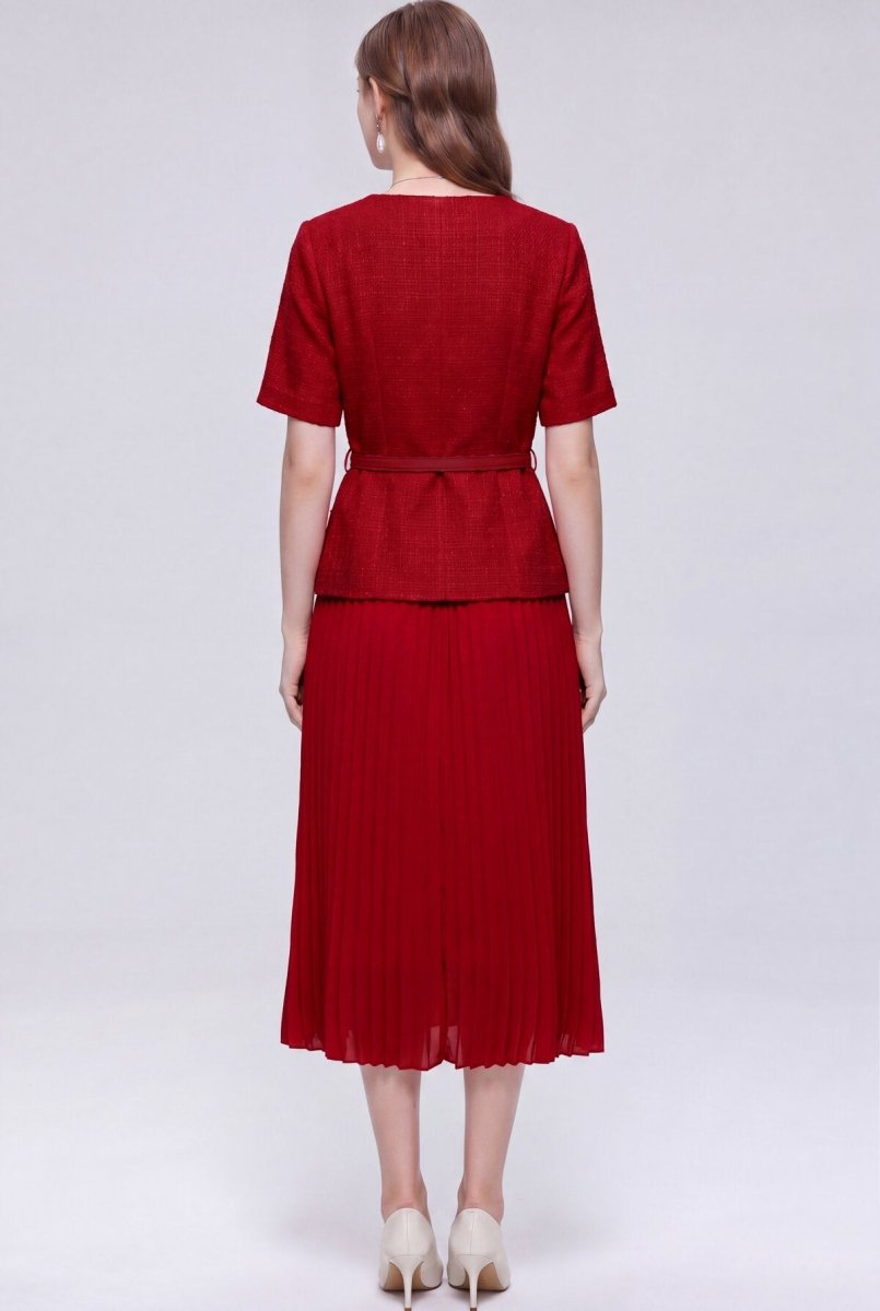 Tweed Round-Neck Peplum Midi Dress with Crystal Buttons and Pleated Skirt