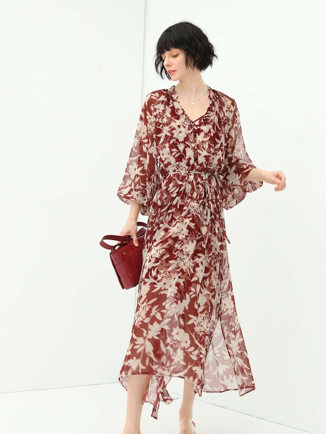 two piece chiffon wine floral dress set all wine 1