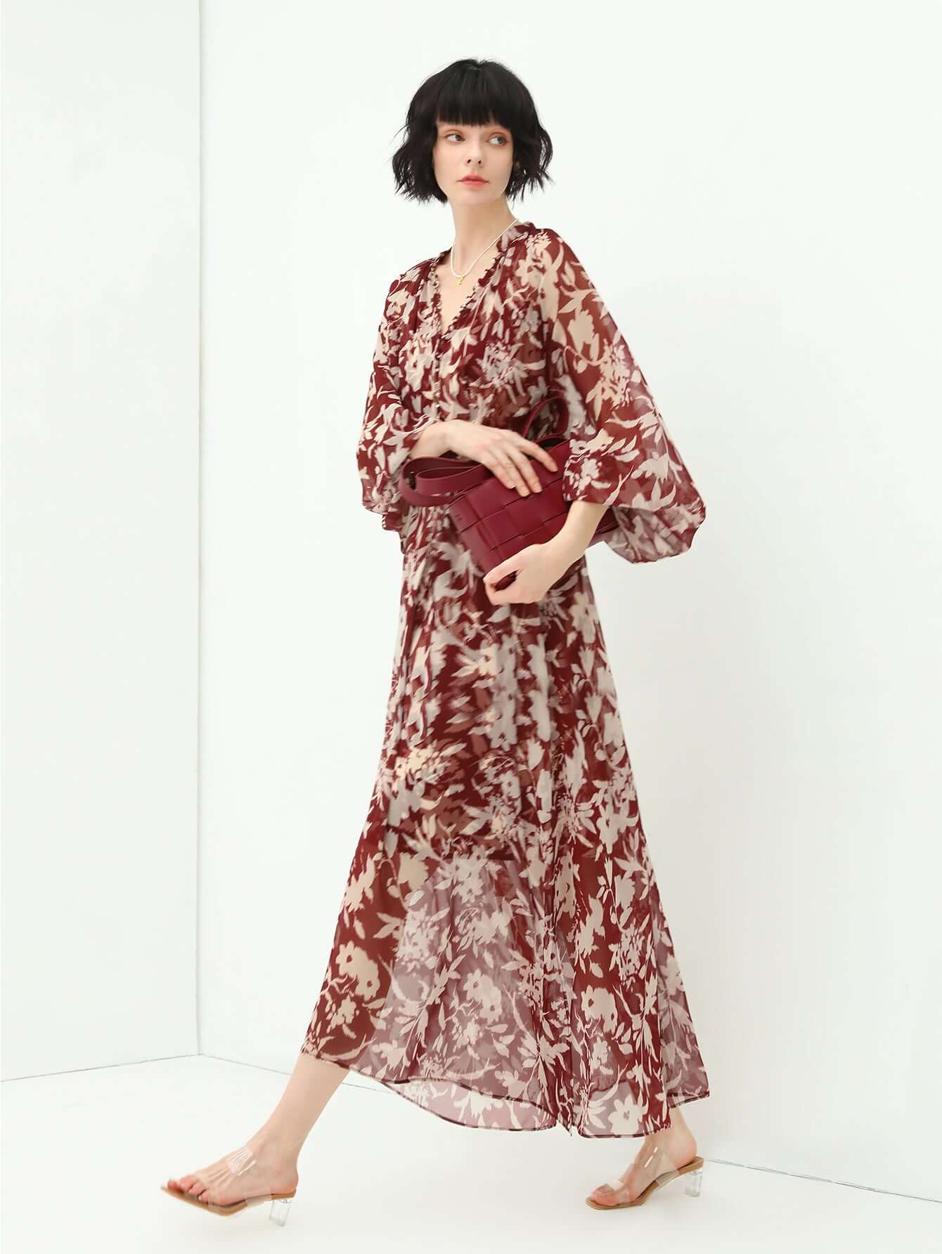 two piece chiffon wine floral dress set all wine 2