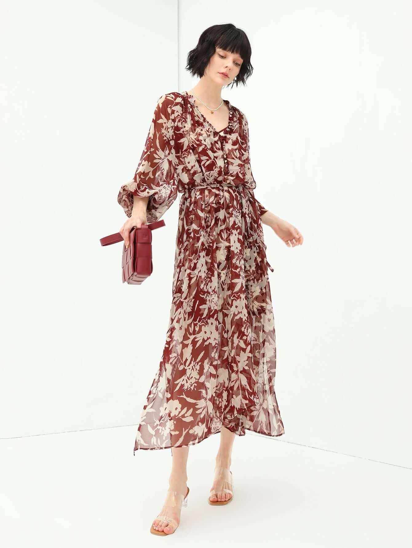 two piece chiffon wine floral dress set all wine 3