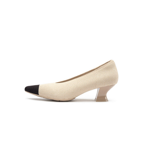 Two-Tone Knit Pointed Toe Pumps – 5cm Block Heel French Work Shoes