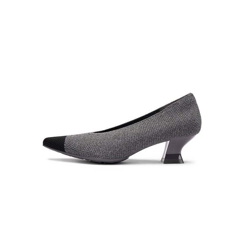 Two-Tone Knit Pointed Toe Pumps – 5cm Block Heel French Work Shoes