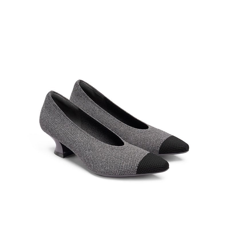 Two-Tone Knit Pointed Toe Pumps – 5cm Block Heel French Work Shoes