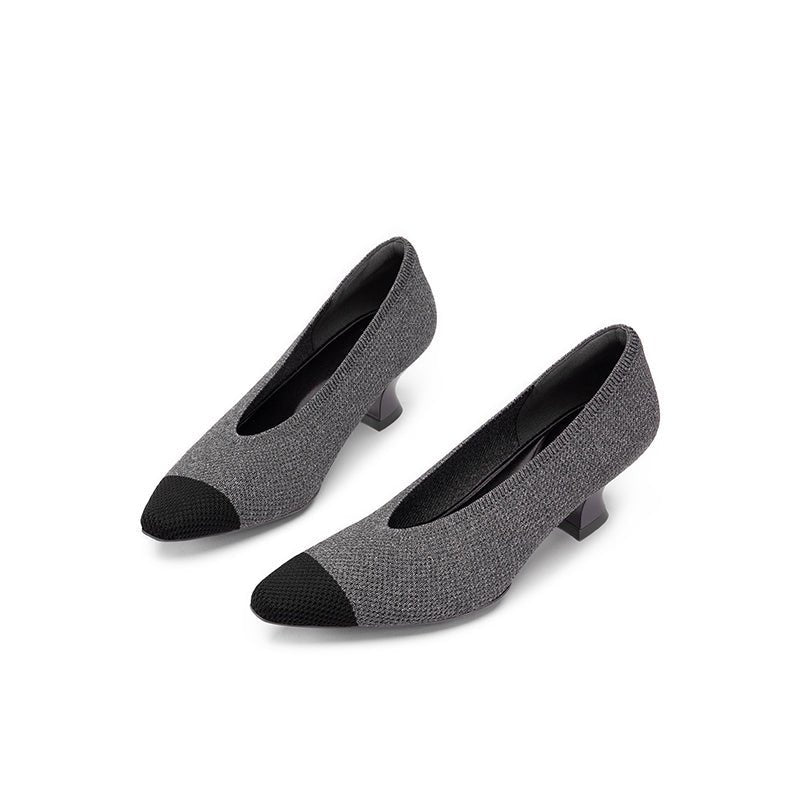 Two-Tone Knit Pointed Toe Pumps – 5cm Block Heel French Work Shoes