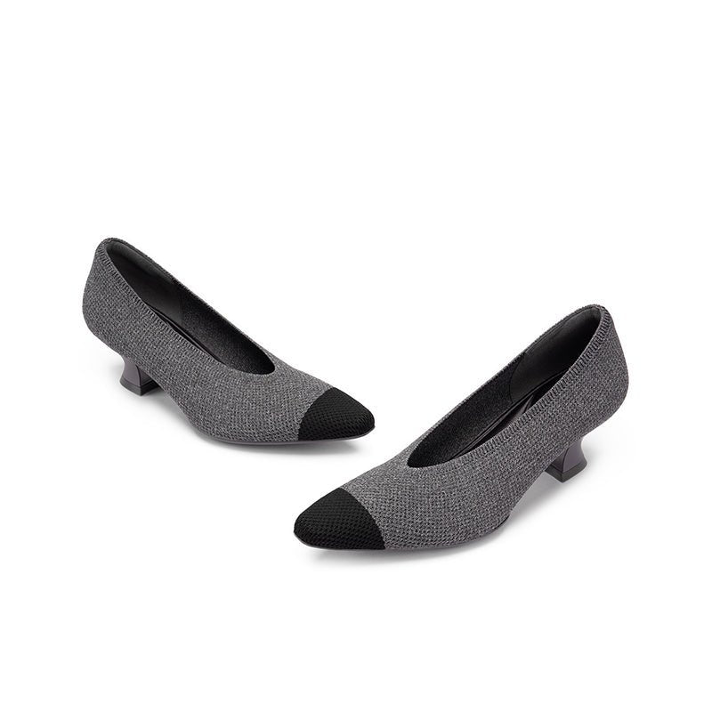 Two-Tone Knit Pointed Toe Pumps – 5cm Block Heel French Work Shoes