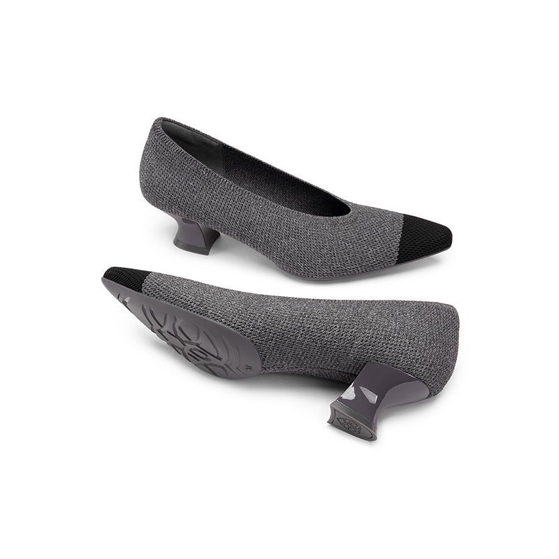 Two-Tone Knit Pointed Toe Pumps – 5cm Block Heel French Work Shoes