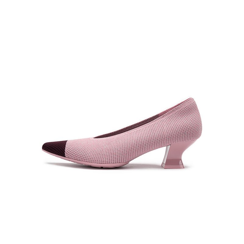 Two-Tone Knit Pointed Toe Pumps – 5cm Block Heel French Work Shoes