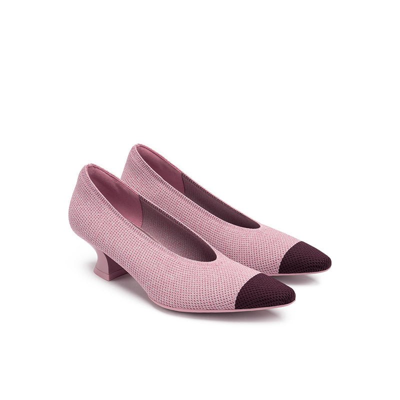 Two-Tone Knit Pointed Toe Pumps – 5cm Block Heel French Work Shoes