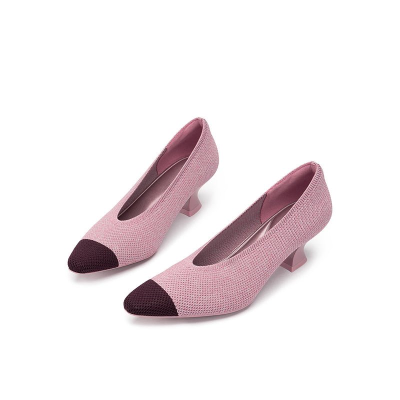 Two-Tone Knit Pointed Toe Pumps – 5cm Block Heel French Work Shoes