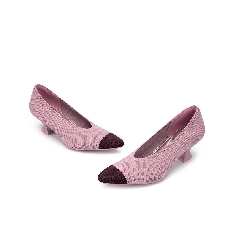 Two-Tone Knit Pointed Toe Pumps – 5cm Block Heel French Work Shoes