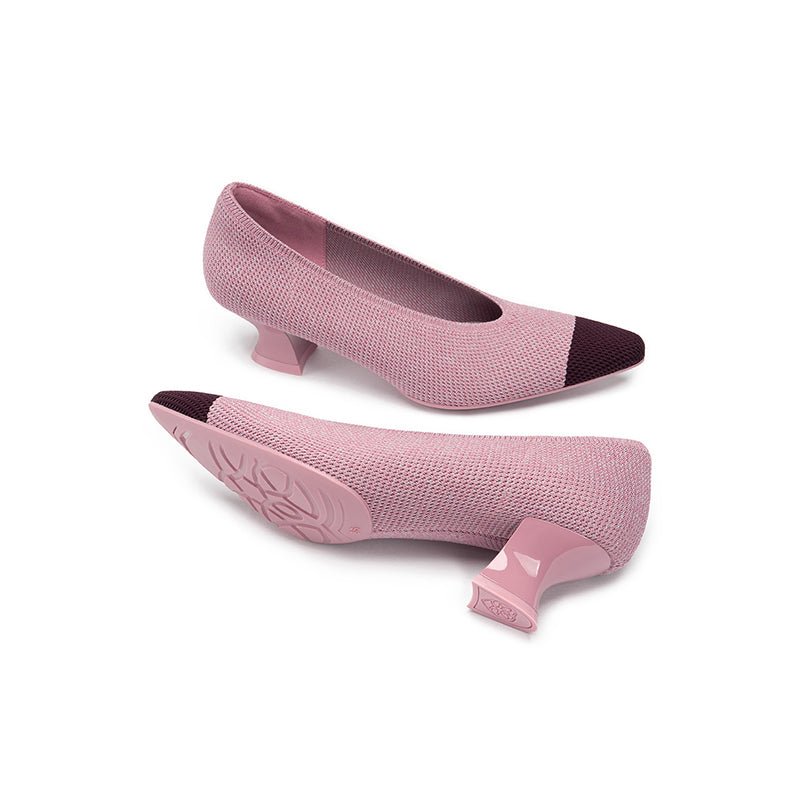 Two-Tone Knit Pointed Toe Pumps – 5cm Block Heel French Work Shoes