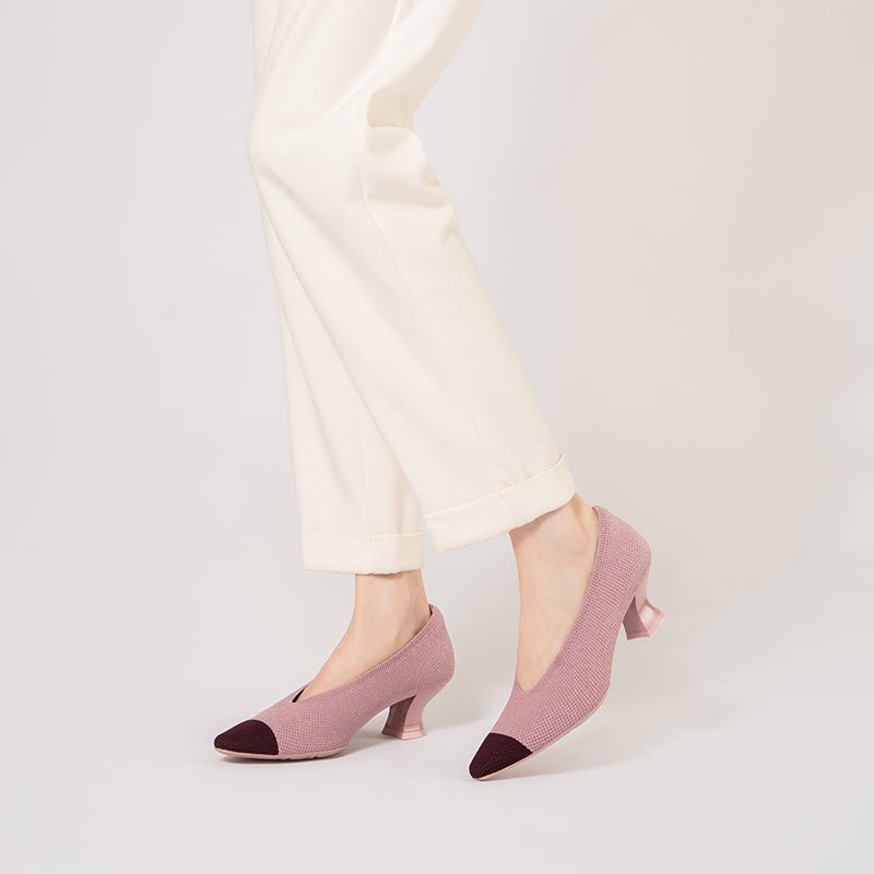 Two-Tone Knit Pointed Toe Pumps – 5cm Block Heel French Work Shoes