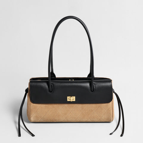 Two-Tone Quilted Suede & Leather Baguette Bag – Turn-Lock Flap with Double Top Handles