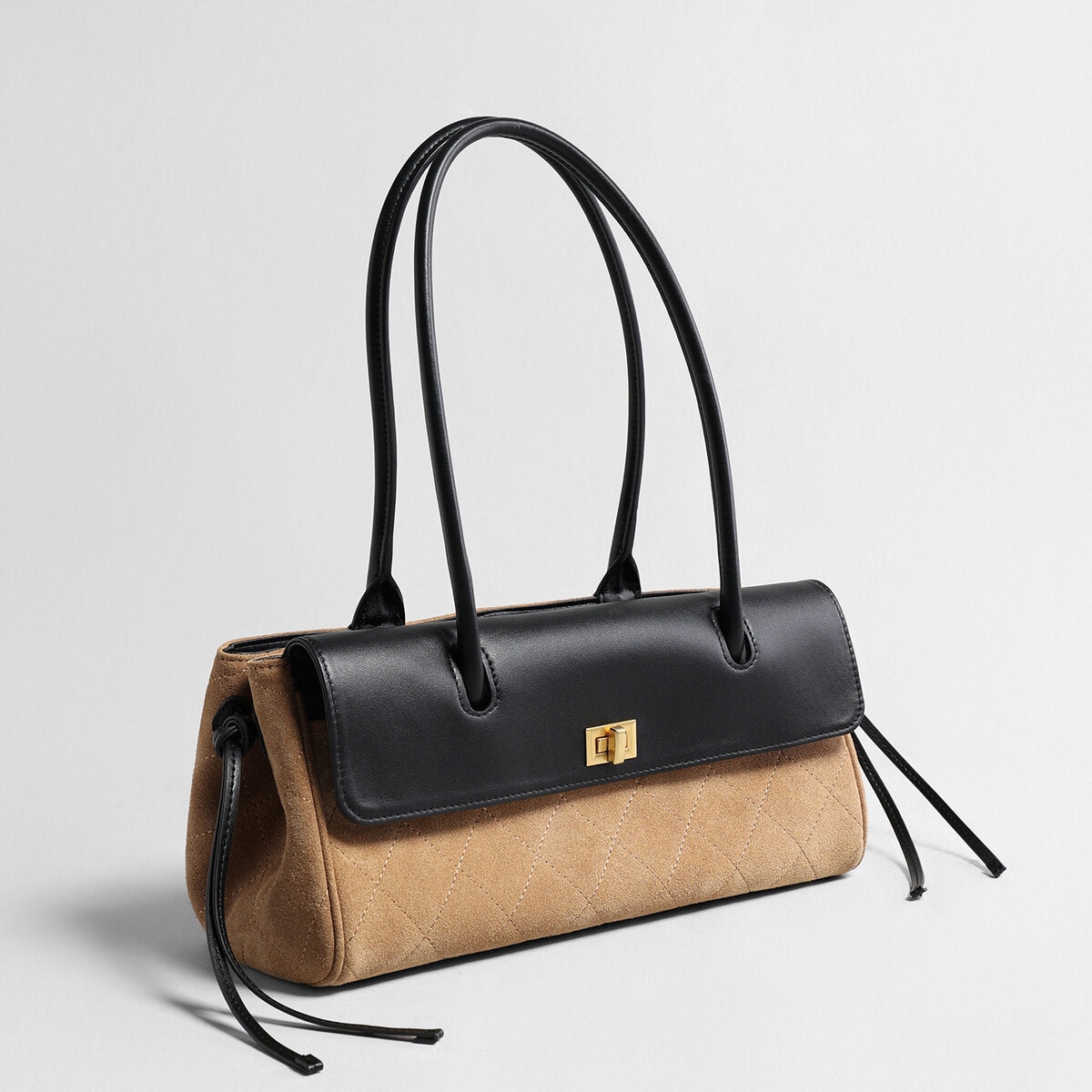 Two-Tone Quilted Suede & Leather Baguette Bag – Turn-Lock Flap with Double Top Handles