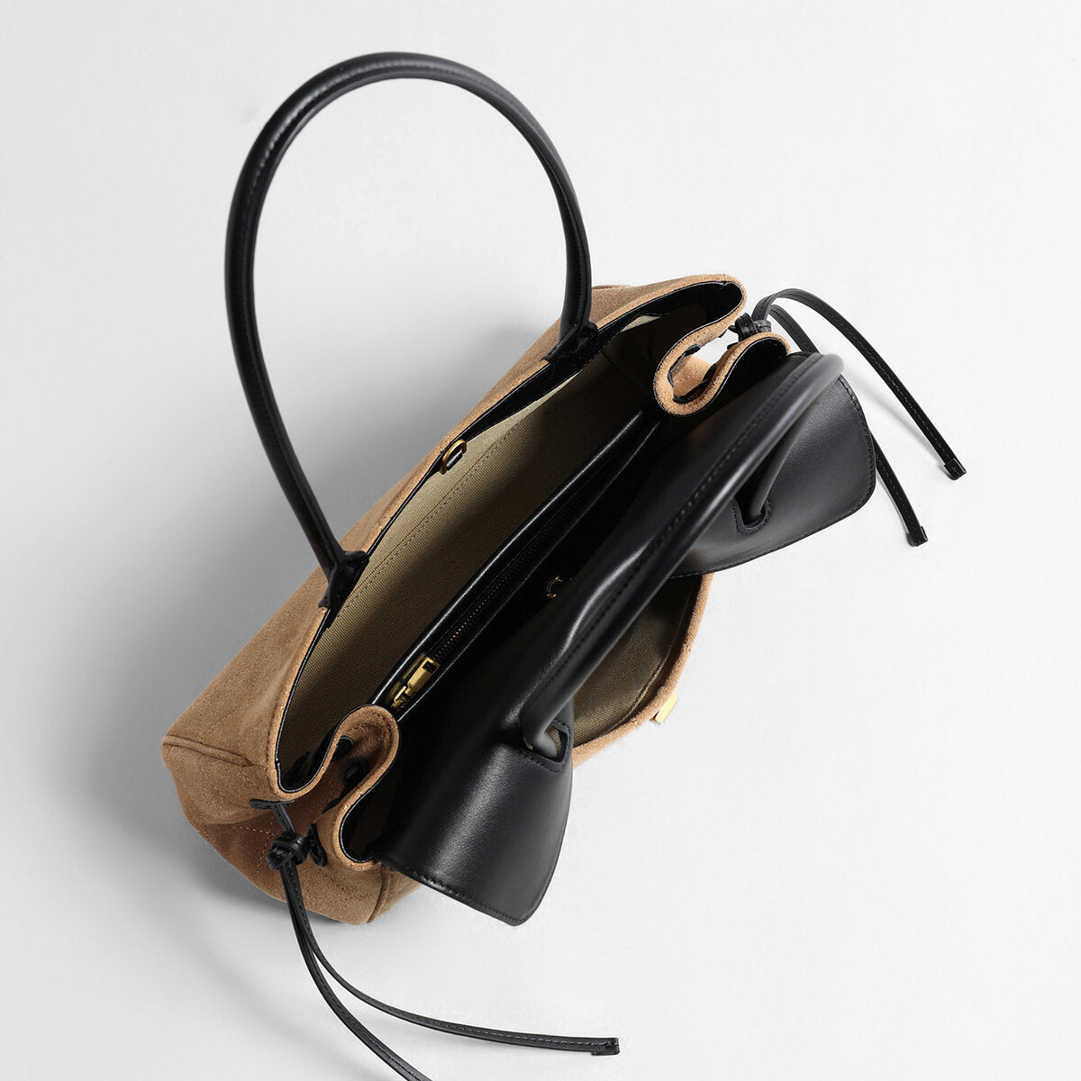 Two-Tone Quilted Suede & Leather Baguette Bag – Turn-Lock Flap with Double Top Handles