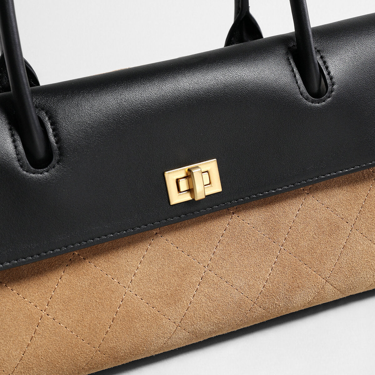 Two-Tone Quilted Suede & Leather Baguette Bag – Turn-Lock Flap with Double Top Handles