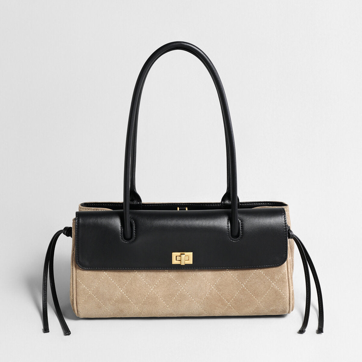 Two-Tone Quilted Suede & Leather Baguette Bag – Turn-Lock Flap with Double Top Handles