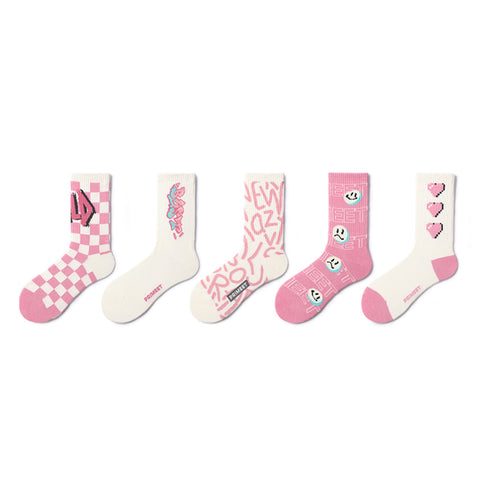 Pink Aesthetic Graphic Mid-Calf Socks – Unisex 5-Pair All-Season Crew Set