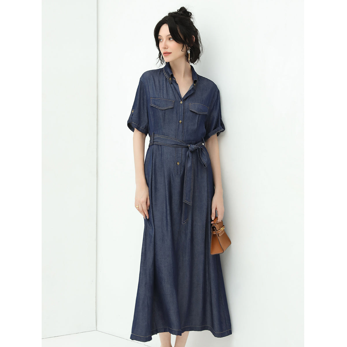 utilitarian belted crepe navy denim shirt dress all navy 2