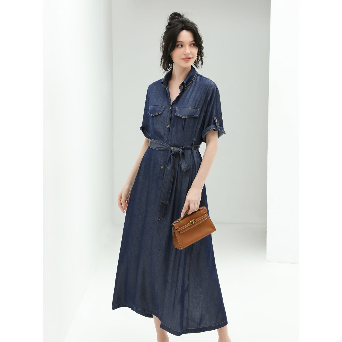 utilitarian belted crepe navy denim shirt dress all navy 3
