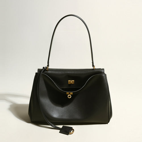 Utilitarian Structured Leather Flap Bag – Professional Top Handle Bag with Turn-Lock Closure