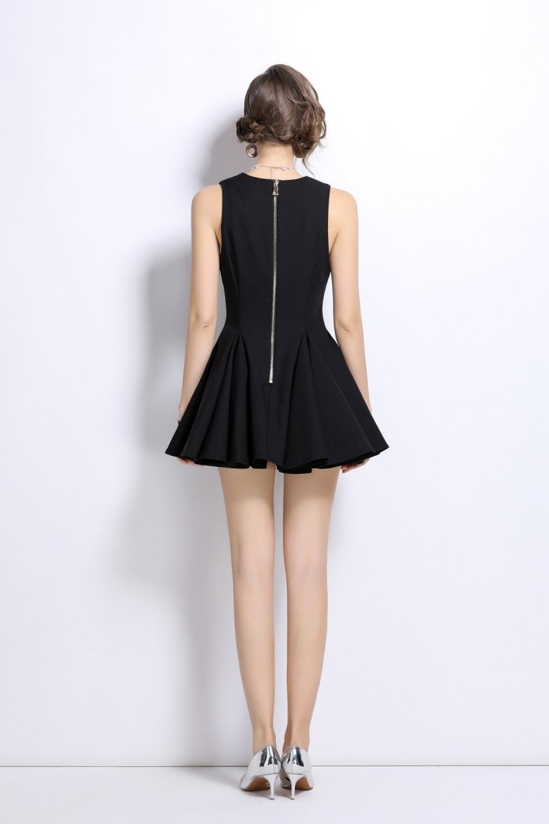 v neck double breasted pleated puff mini dress all black 4