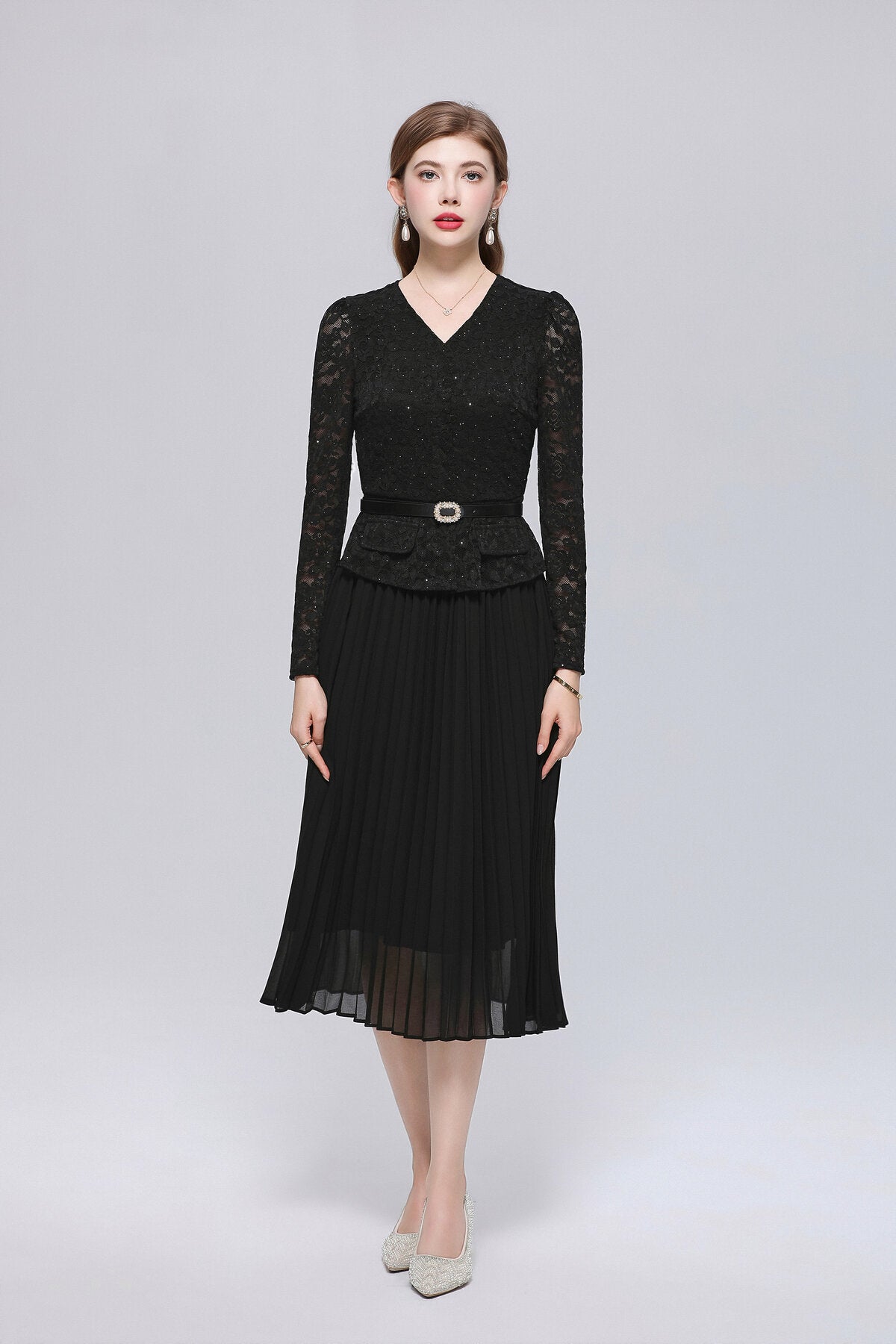 V-Neck Lace Peplum Midi Dress with Pearl Buttons and Pleated Skirt