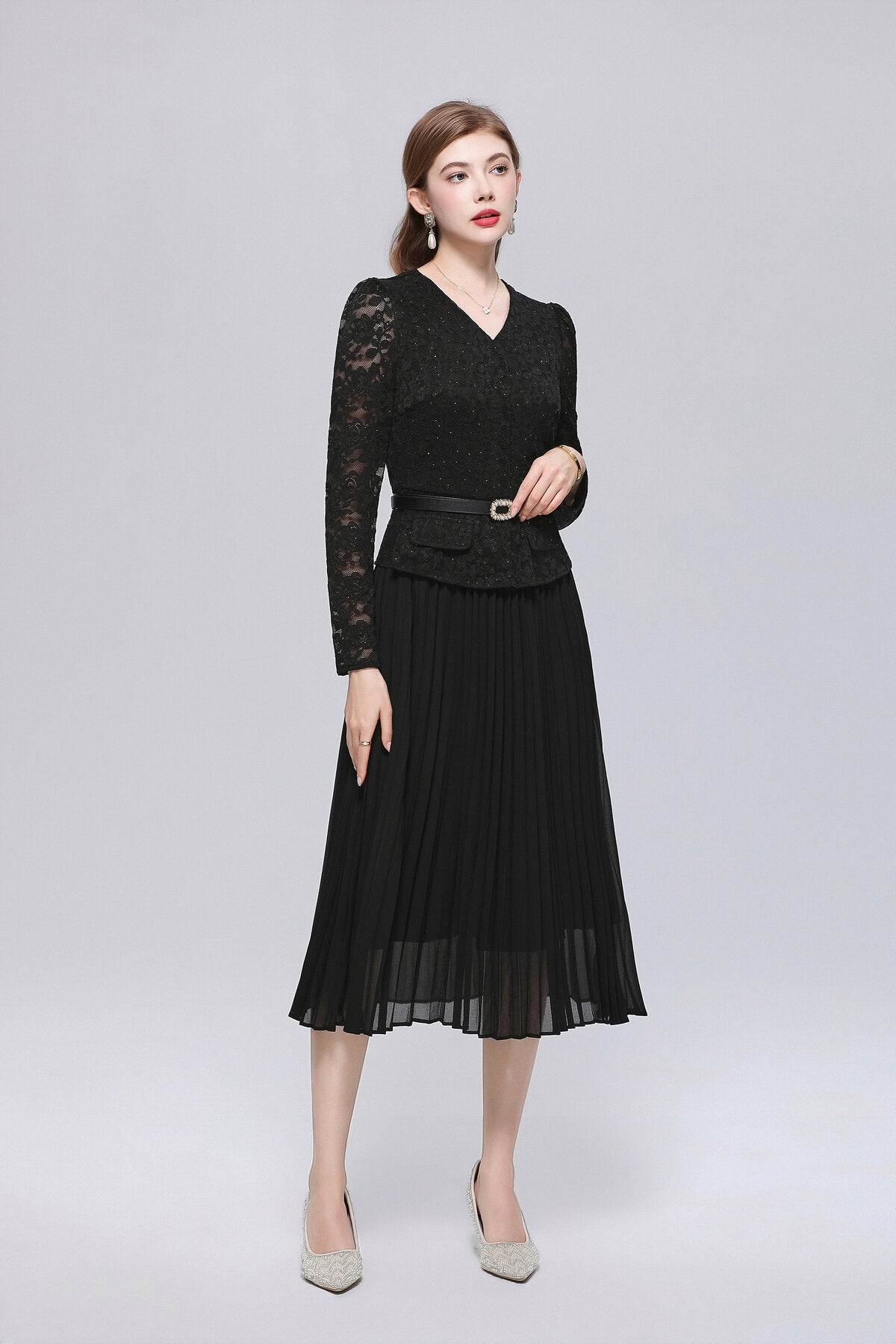 V-Neck Lace Peplum Midi Dress with Pearl Buttons and Pleated Skirt