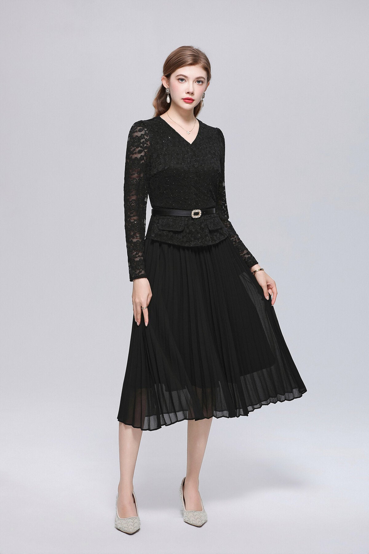 V-Neck Lace Peplum Midi Dress with Pearl Buttons and Pleated Skirt