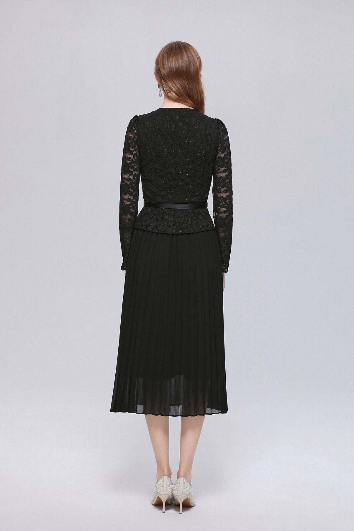 V-Neck Lace Peplum Midi Dress with Pearl Buttons and Pleated Skirt