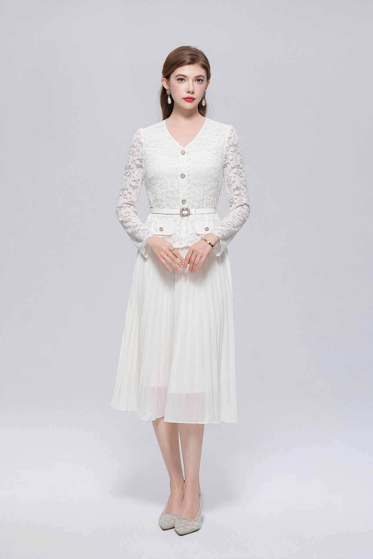 V-Neck Lace Peplum Midi Dress with Pearl Buttons and Pleated Skirt