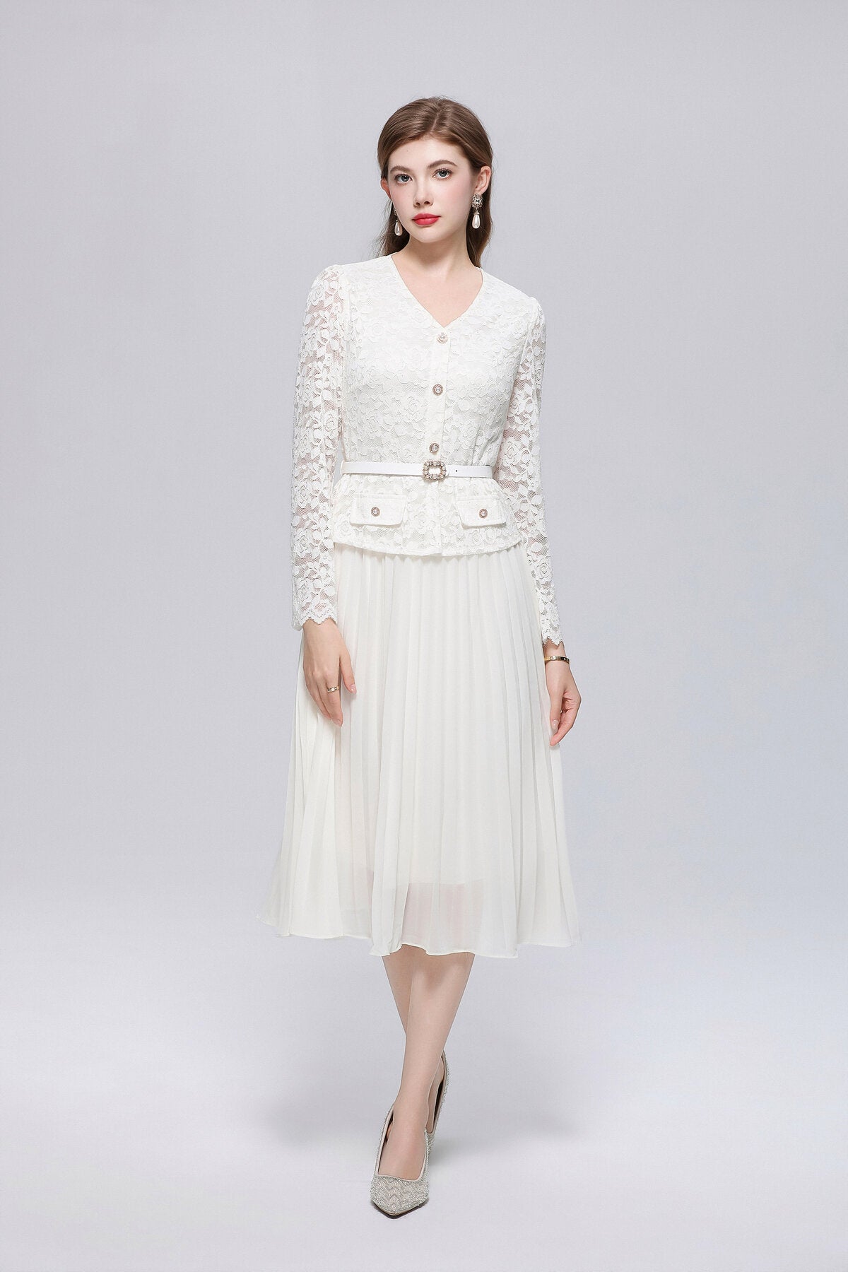 V-Neck Lace Peplum Midi Dress with Pearl Buttons and Pleated Skirt