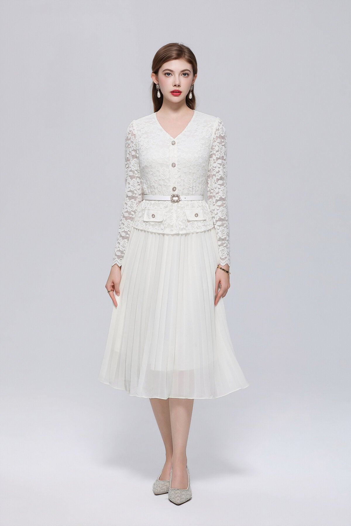 V-Neck Lace Peplum Midi Dress with Pearl Buttons and Pleated Skirt