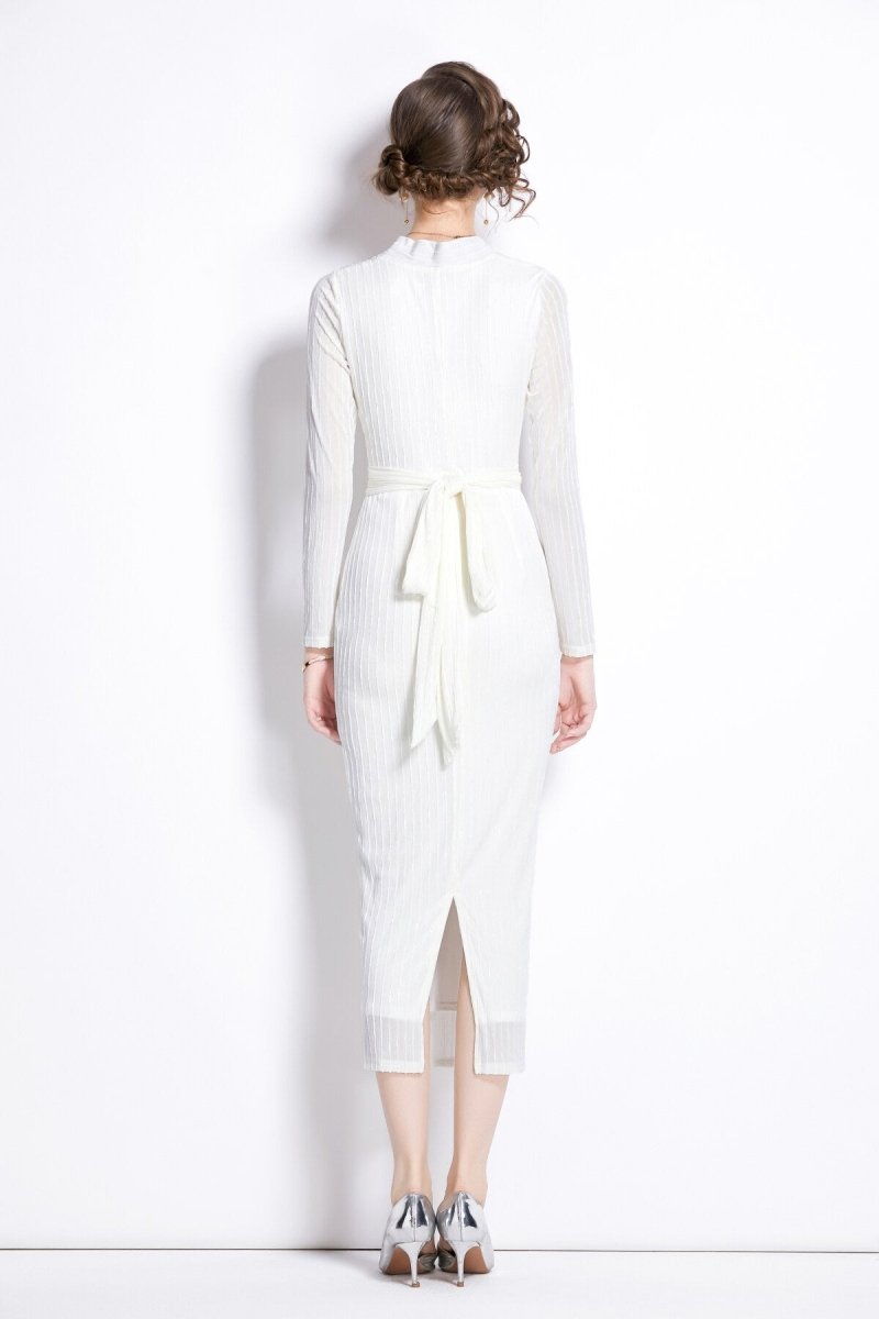 v neck tie waist bodycon versatile velvet dress all white 4