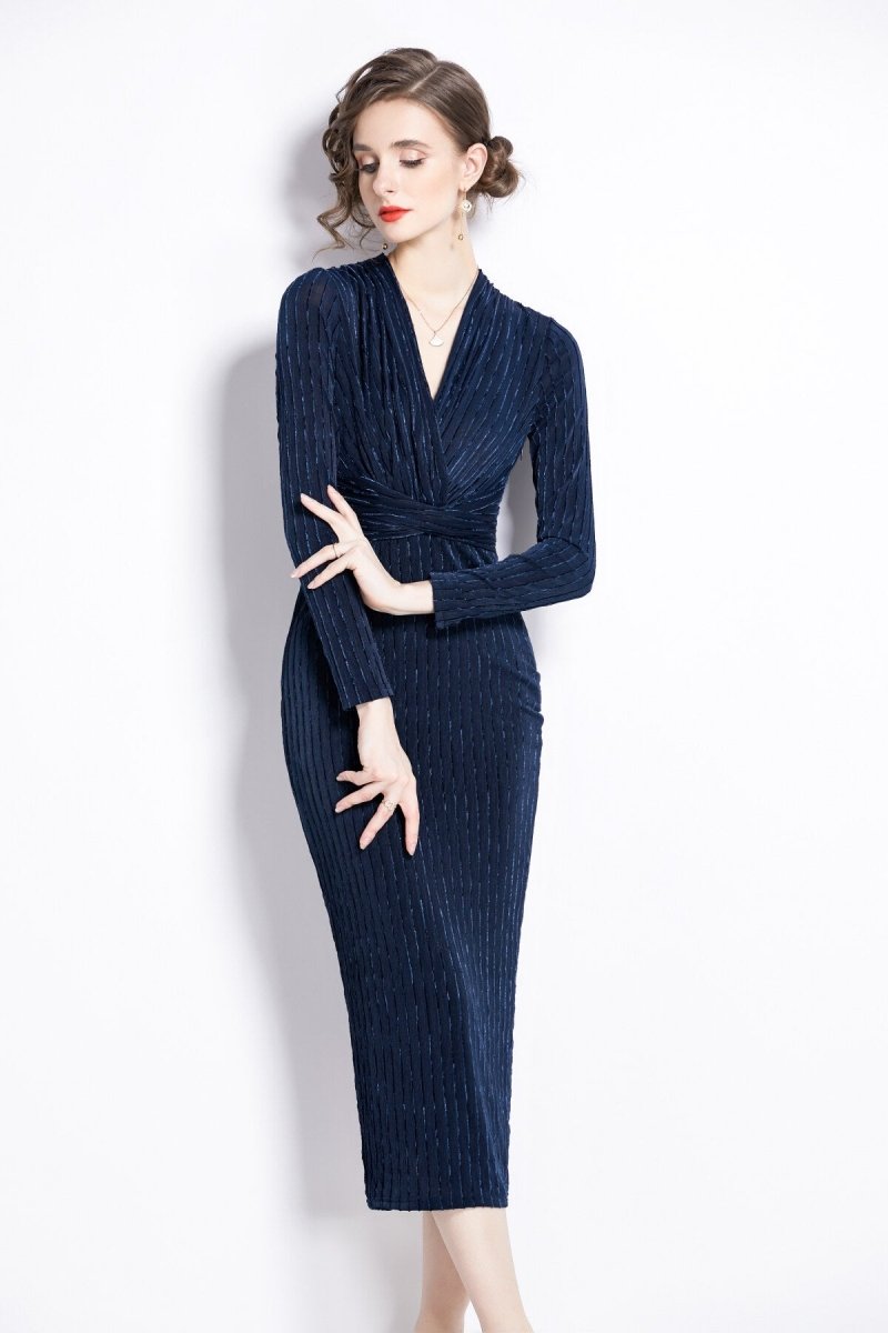 v neck tie waist bodycon versatile velvet dress all navy 2