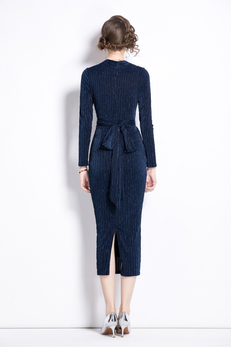v neck tie waist bodycon versatile velvet dress all navy 4