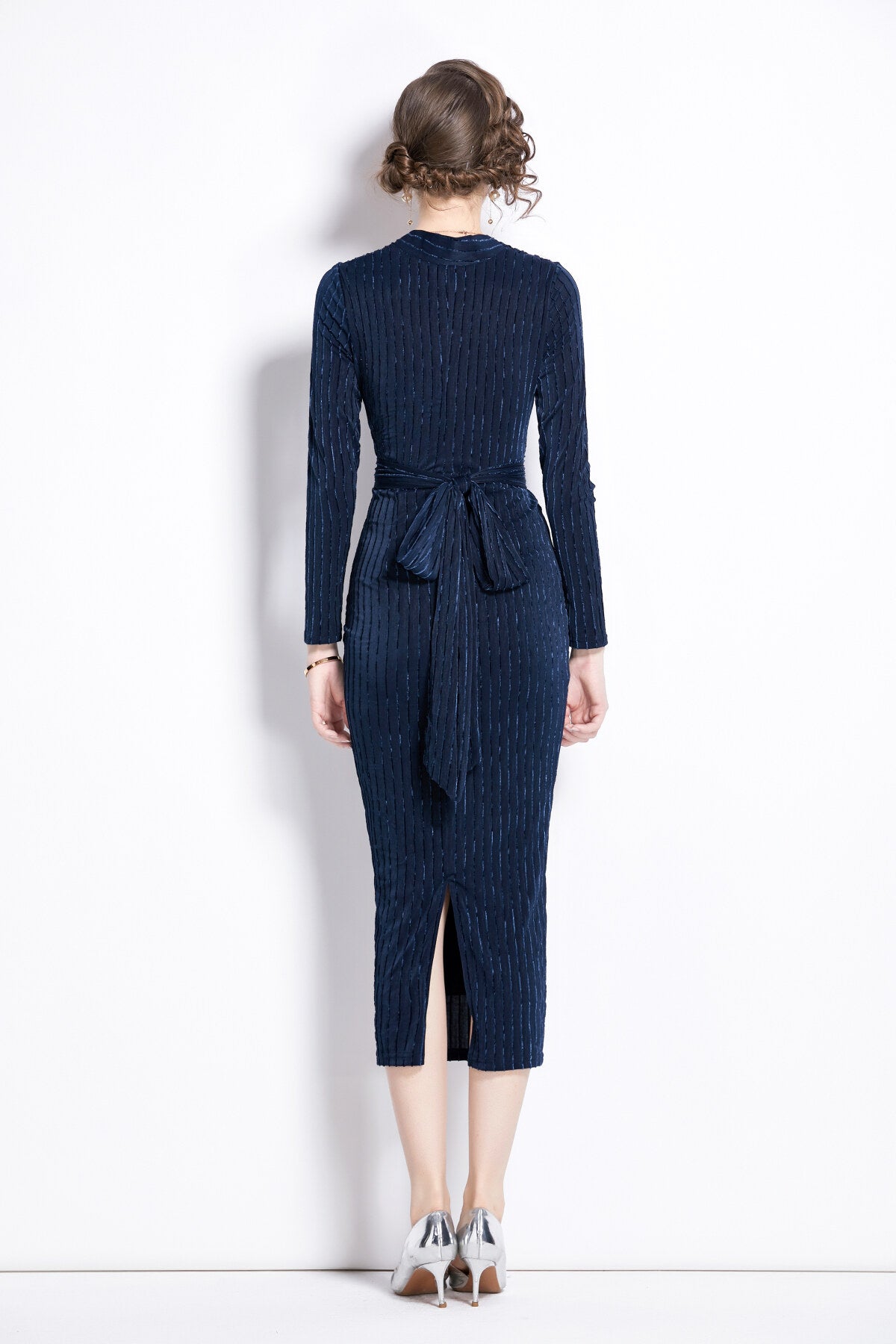 v neck tie waist bodycon versatile velvet dress all navy 4