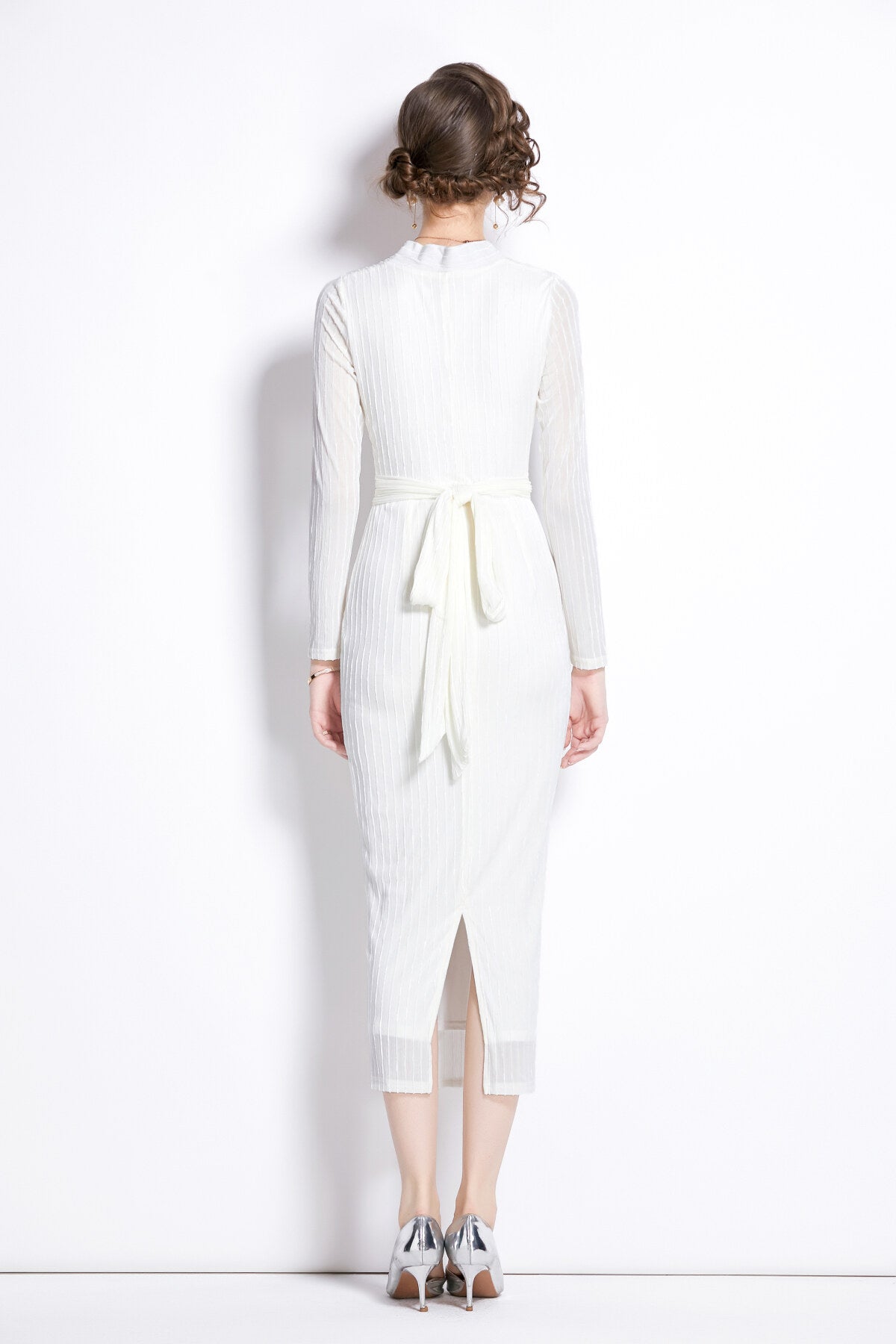 v neck tie waist bodycon versatile velvet dress all white 4