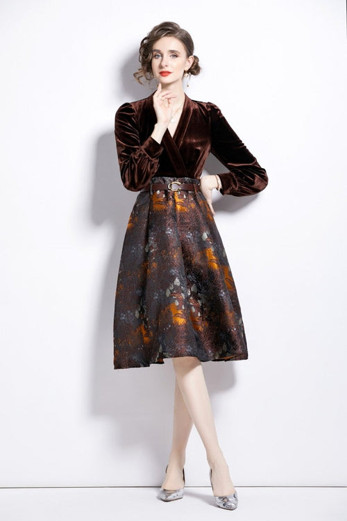 V Neck Velvet Patchwork Coffee Jacquard A Line Dress - 0cm