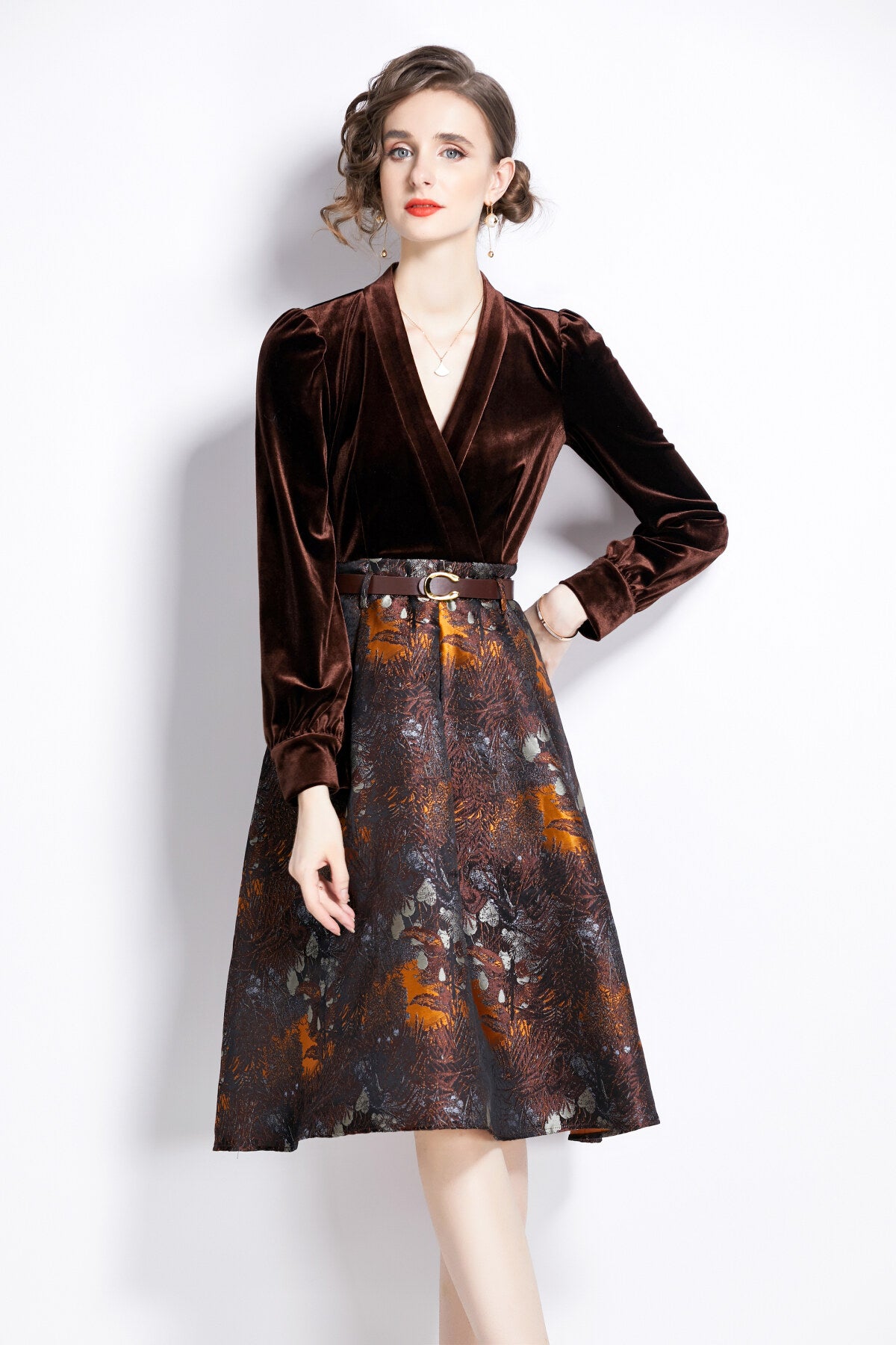 v neck velvet patchwork coffee jacquard a line dress all coffee 2