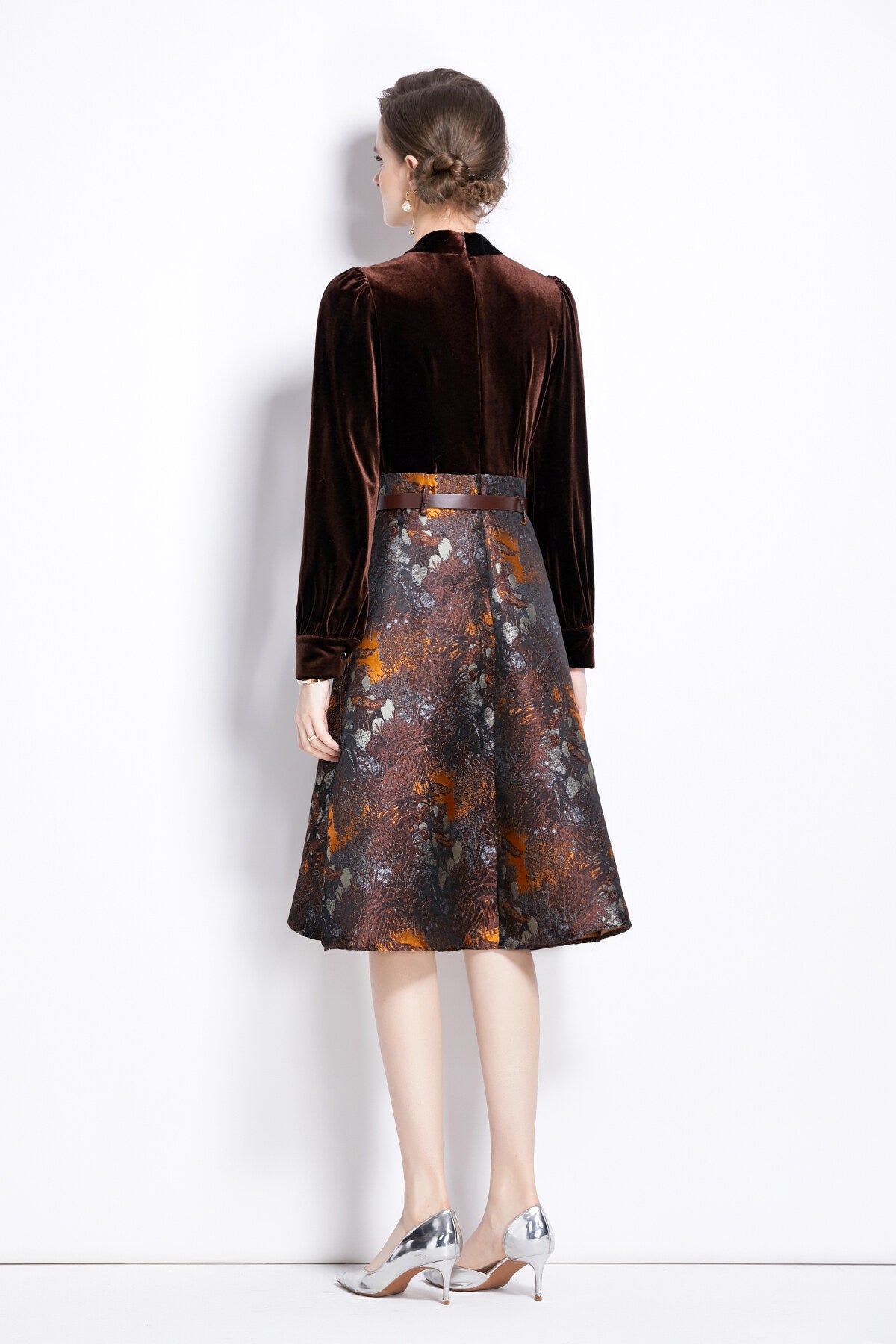 v neck velvet patchwork coffee jacquard a line dress all coffee 4