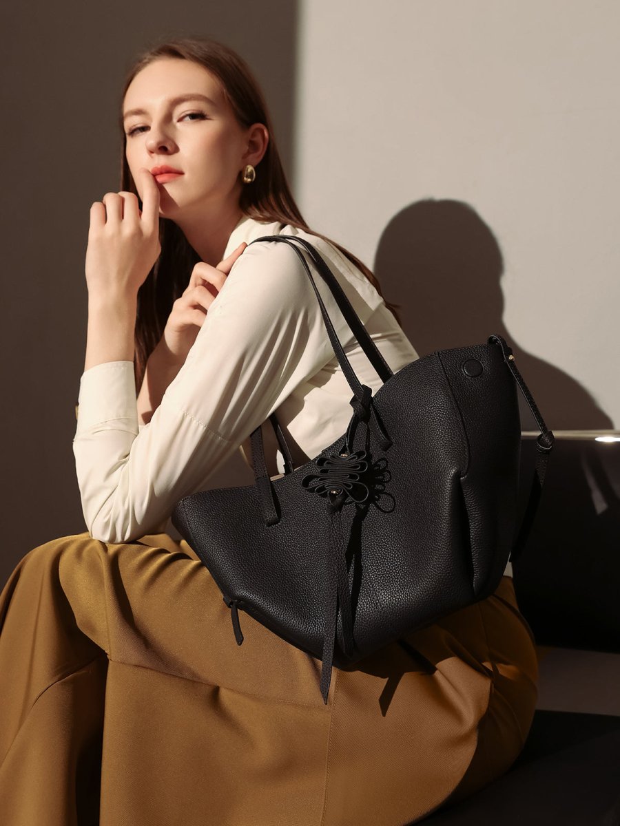 Valencia Knot Leather Tote Bag – Pebbled Leather Shoulder Tote with Sculptural Bow Detail