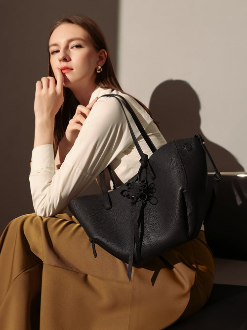 Valencia Knot Leather Tote Bag – Pebbled Leather Shoulder Tote with Sculptural Bow Detail