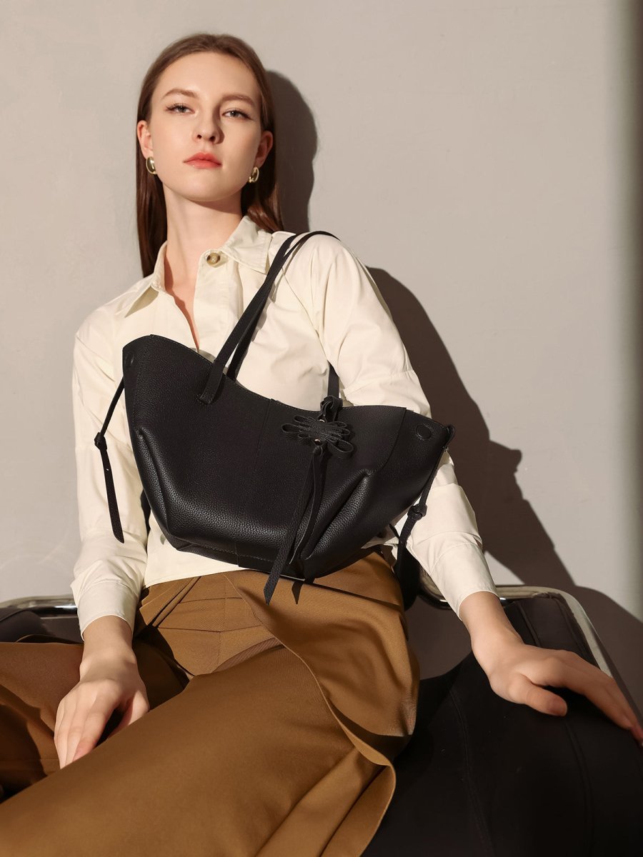 Valencia Knot Leather Tote Bag – Pebbled Leather Shoulder Tote with Sculptural Bow Detail