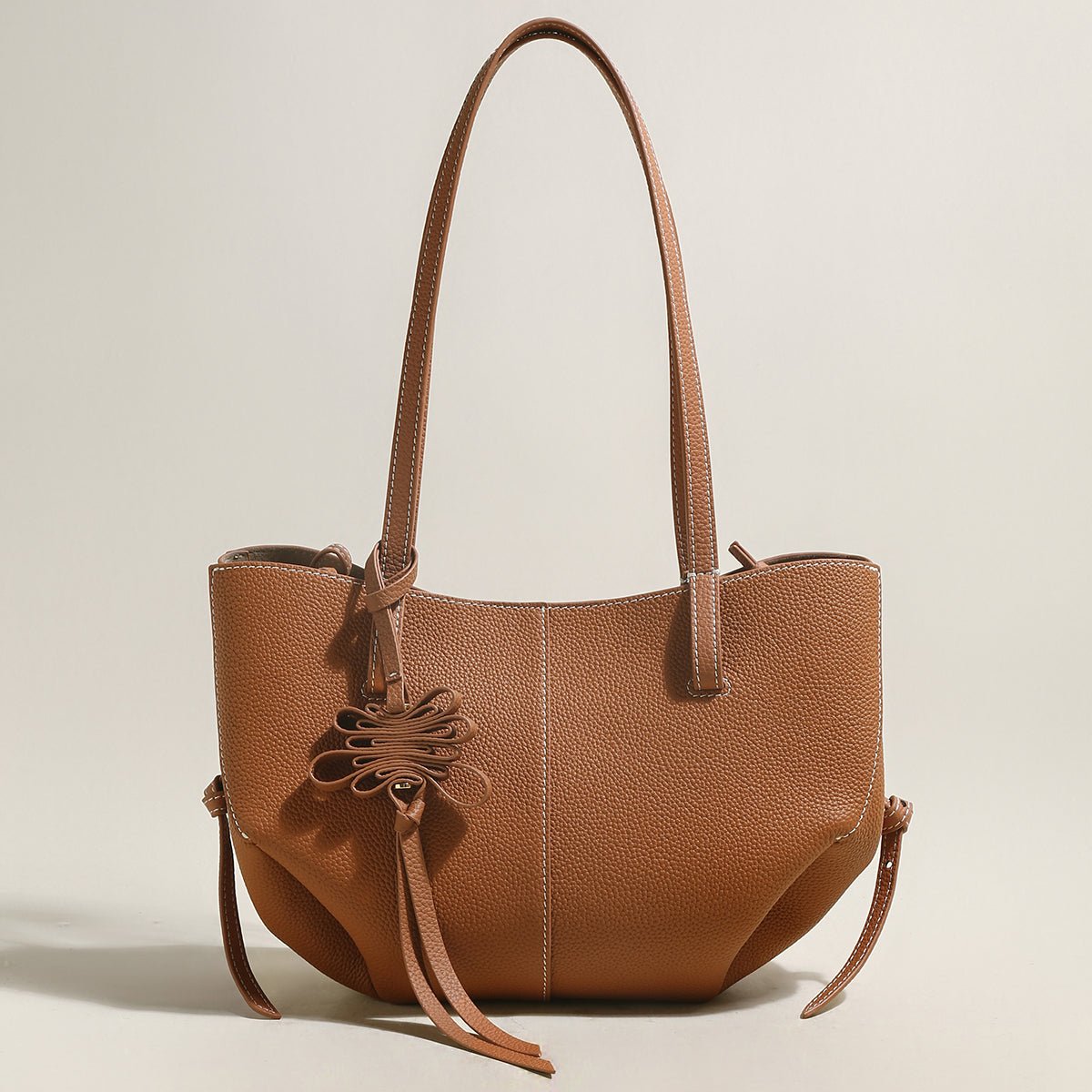 Valencia Knot Leather Tote Bag – Pebbled Leather Shoulder Tote with Sculptural Bow Detail