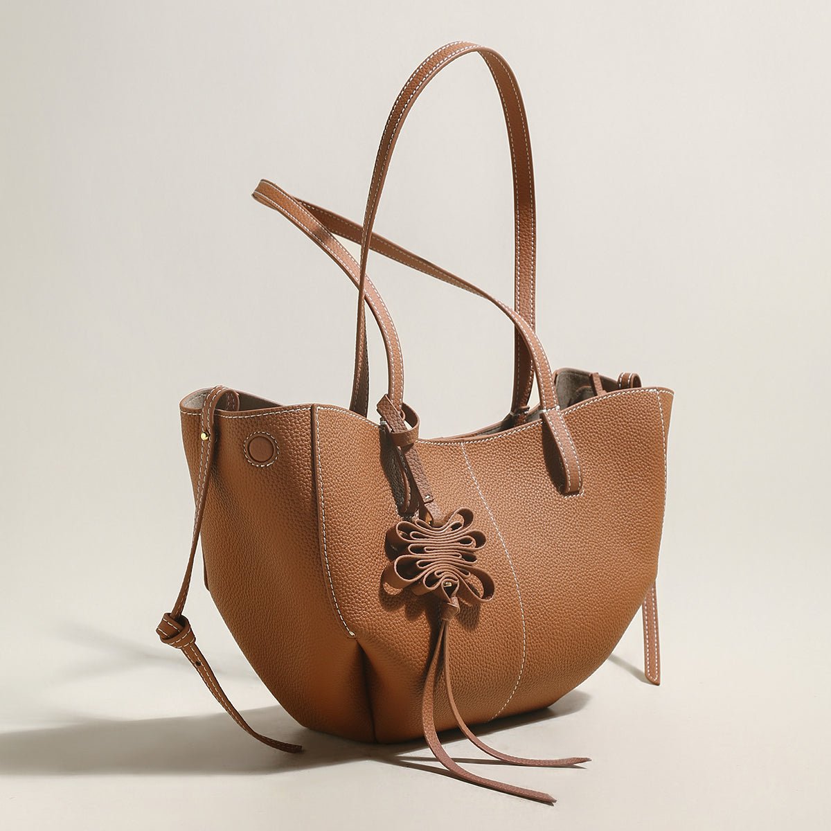 Valencia Knot Leather Tote Bag – Pebbled Leather Shoulder Tote with Sculptural Bow Detail