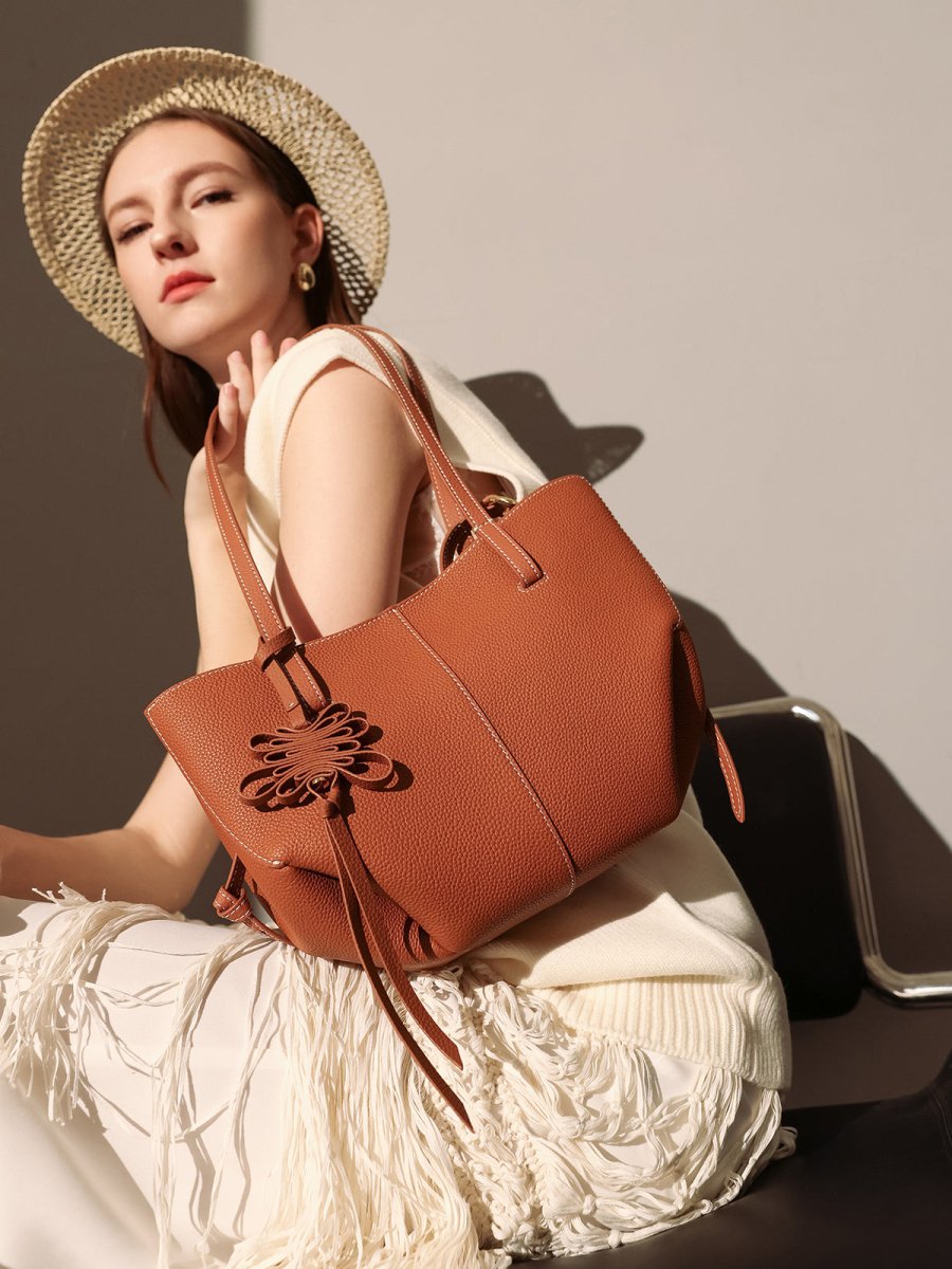Valencia Knot Leather Tote Bag – Pebbled Leather Shoulder Tote with Sculptural Bow Detail