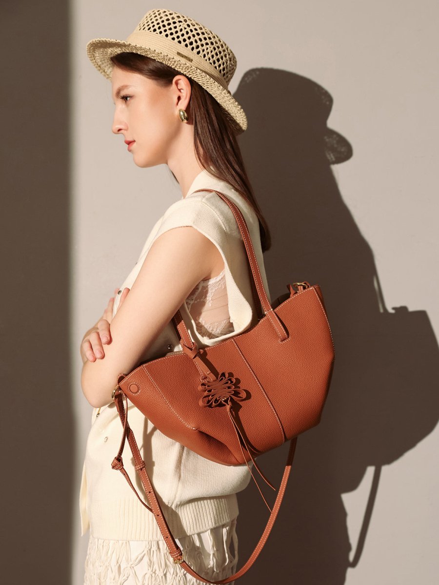 Valencia Knot Leather Tote Bag – Pebbled Leather Shoulder Tote with Sculptural Bow Detail